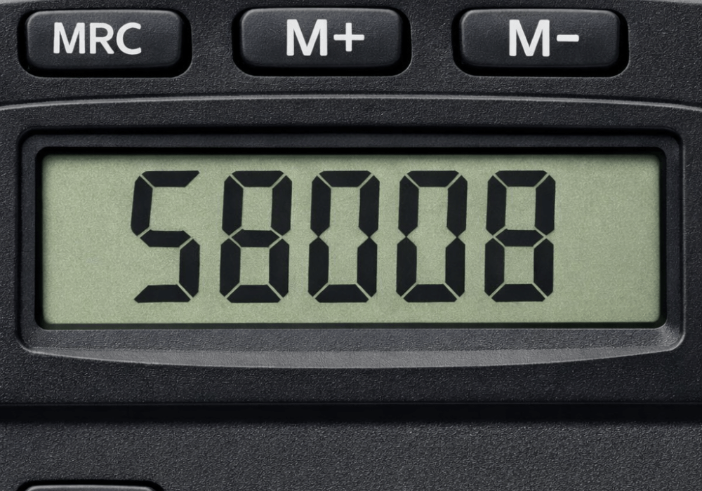 Calculator screen displaying the number 58008 with memory function buttons above.